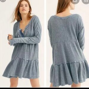 fp XS One Jolene Waffle Knit Stone Washed Blue Tiered Long Sleeve Dress